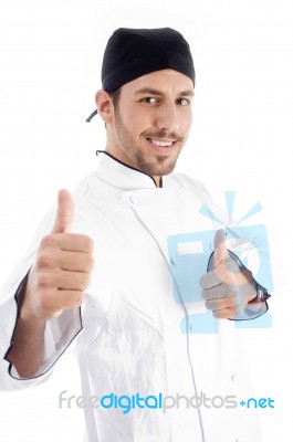 Male Chef Showing Double Thumb Up Stock Photo