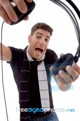 Male Dj Holding Headphone Stock Photo