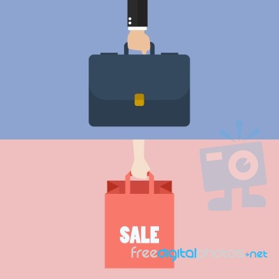 Male Hand Holding Briefcase And Female Hold Shopping Bag Stock Image