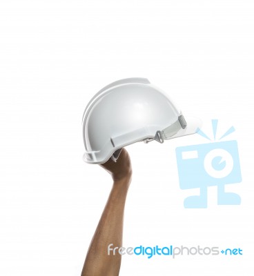 Male Hand Rising Up White Safety Helmet Isolated On White Backgr… Stock Photo