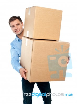 Male Holding Cardboard Box Stock Photo