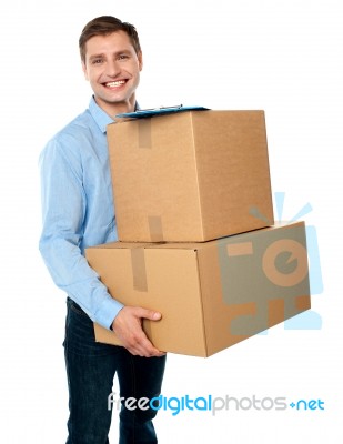 Male Holding Cardboard Box Stock Photo