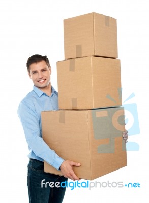 Male Holding Cardboard Box Stock Photo