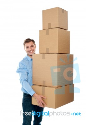 Male Holding Cardboard Box Stock Photo