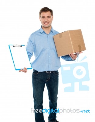 Male Holding Cardboard Box Stock Photo