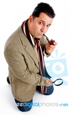 Male Holding Magnifying Glass Stock Photo