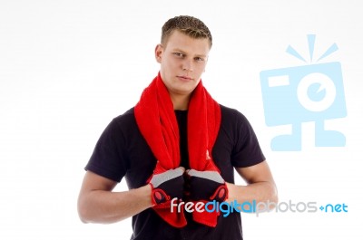 Male holding Towel Stock Photo