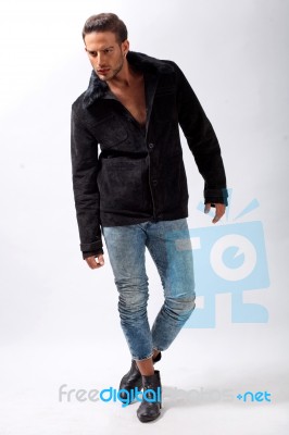 Male Model With Black Jacket Stock Photo