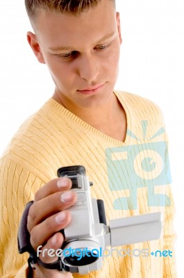 Male Operating Video Camera Stock Photo