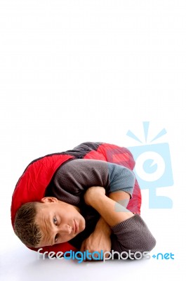 Male Resting In Sleeping Bag Stock Photo