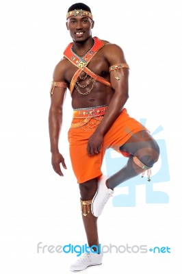 Male Samba Dancer Posing On One Leg Stock Photo