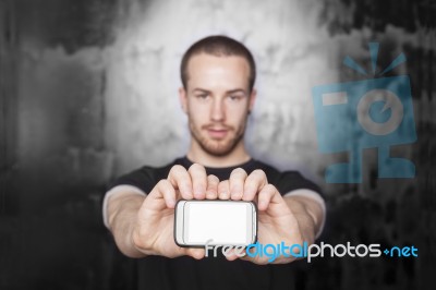 Male Showing Smartphone Stock Photo