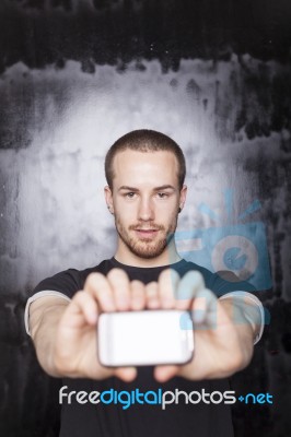 Male Showing Smartphone Stock Photo