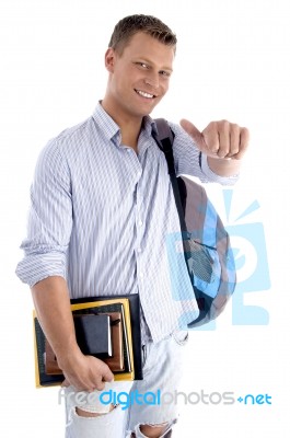 Male Student Shows Thumb Up Stock Photo