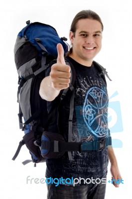 Male Traveler With Thumbs Up Stock Photo