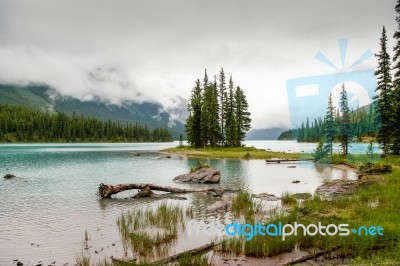 Maligne Lake On A Cloudy Day Stock Photo