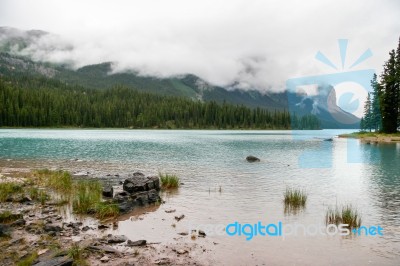 Maligne Lake On A Cloudy Day Stock Photo