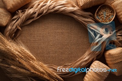 Malt Still Life Rope Flax Frame Sackcloth Background Stock Photo