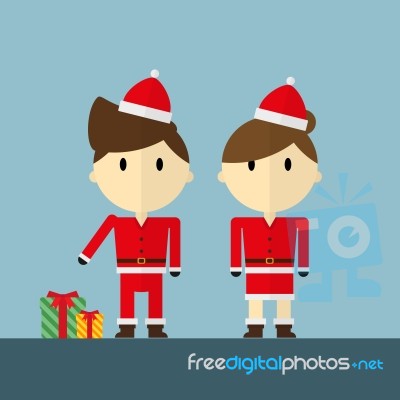 Man And Woman As Santa Claus With Christmas Gift Flat Design Stock Image