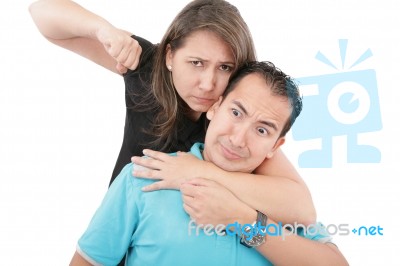 Man And Woman Conflict. Home Violence Concept. Isolated On White… Stock Photo