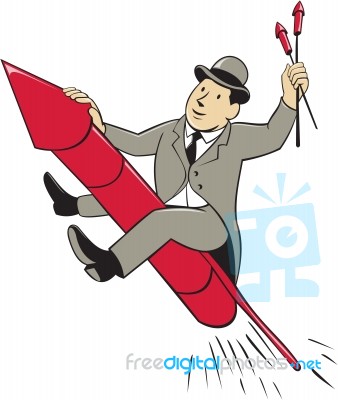 Man Bowler Hat Riding Fireworks Rocket Cartoon Stock Image