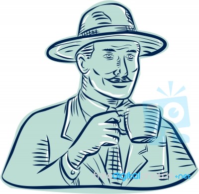 Man Fedora Hat Drinking Coffee Etching Stock Image