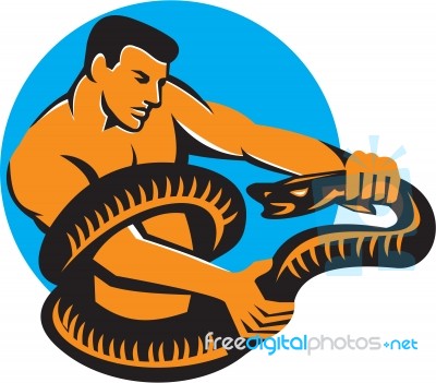 Man Fighting Boa Constrictor Snake Retro Stock Image