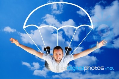 Man Fly Parachute Stock Photo