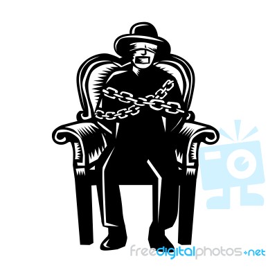 Man Gagged Chained To Grand Arm Chair Woodcut Stock Image