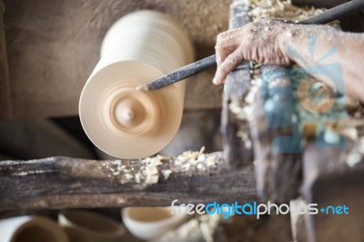 Man Handmade Working With Wood Product In Industry Stock Photo