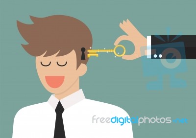 Man Holding A Key Unlocking Businessman Mind Stock Image