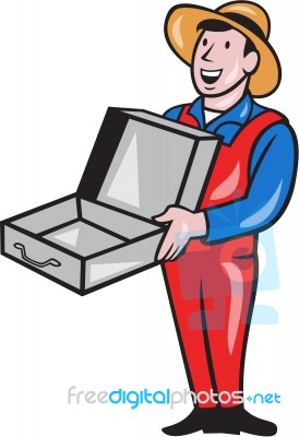 Man Holding Empty Open Suitcase Cartoon Stock Image