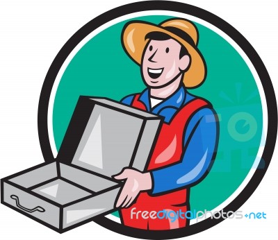 Man Holding Empty Open Suitcase Circle Cartoon Stock Image