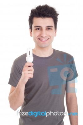 Man Holding Lightbulb Stock Photo