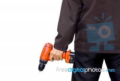 Man Holding Portable Screwdriver Machine Stock Photo