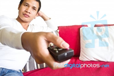 Man Is Watching Tv Stock Photo