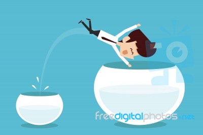 Man Jumping Out Of Smaller Fishbowl Stock Image