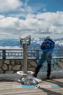 Man Looking At The View From Sass Pordoi In The Upper Part Of Va… Stock Photo