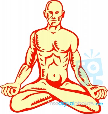 Man Lotus Position Asana Woodcut Stock Image