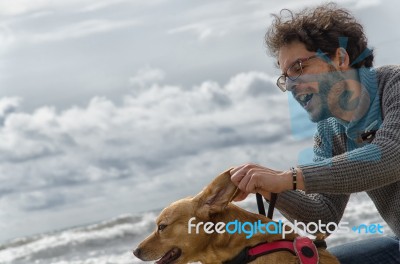 Man Playing With The Dog Stock Photo