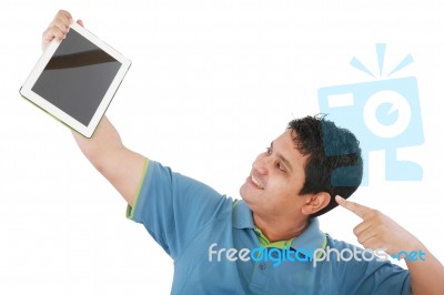 Man Pointing Touch Pad Tablet Pc Stock Photo