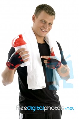 Man Pointing Water Bottle Stock Photo