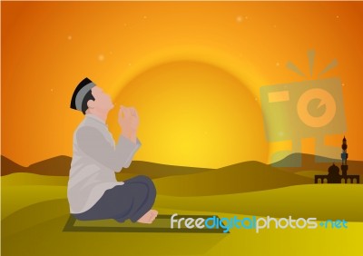 Man Praying And Camel With Sunset Background Stock Image