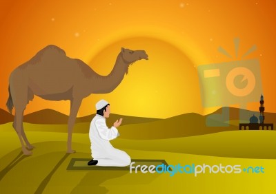 Man Praying And Camel With Sunset Background Stock Image