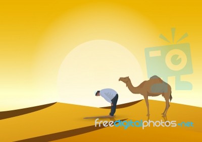 Man Praying And Camel With Sunset Background Stock Image