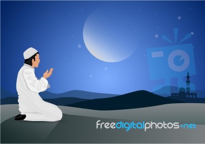 Man Praying  On Moon Background Stock Image