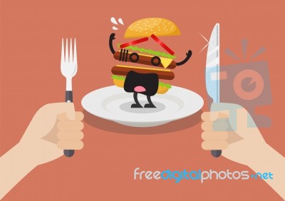 Man Prepare To Eat Scared Burger Stock Image