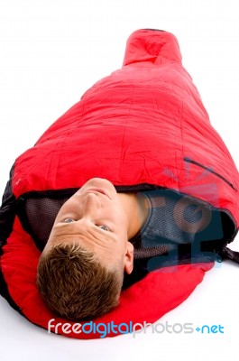 Man Resting In Sleeping Bag Stock Photo