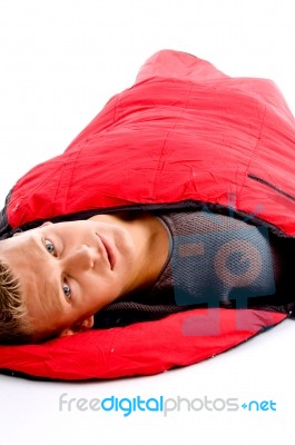 Man Resting In Sleeping Bag Stock Photo