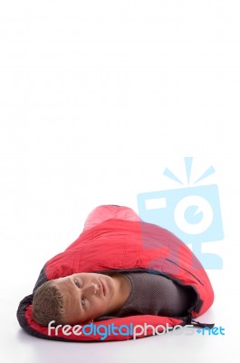 Man Resting In Sleeping Bag Stock Photo